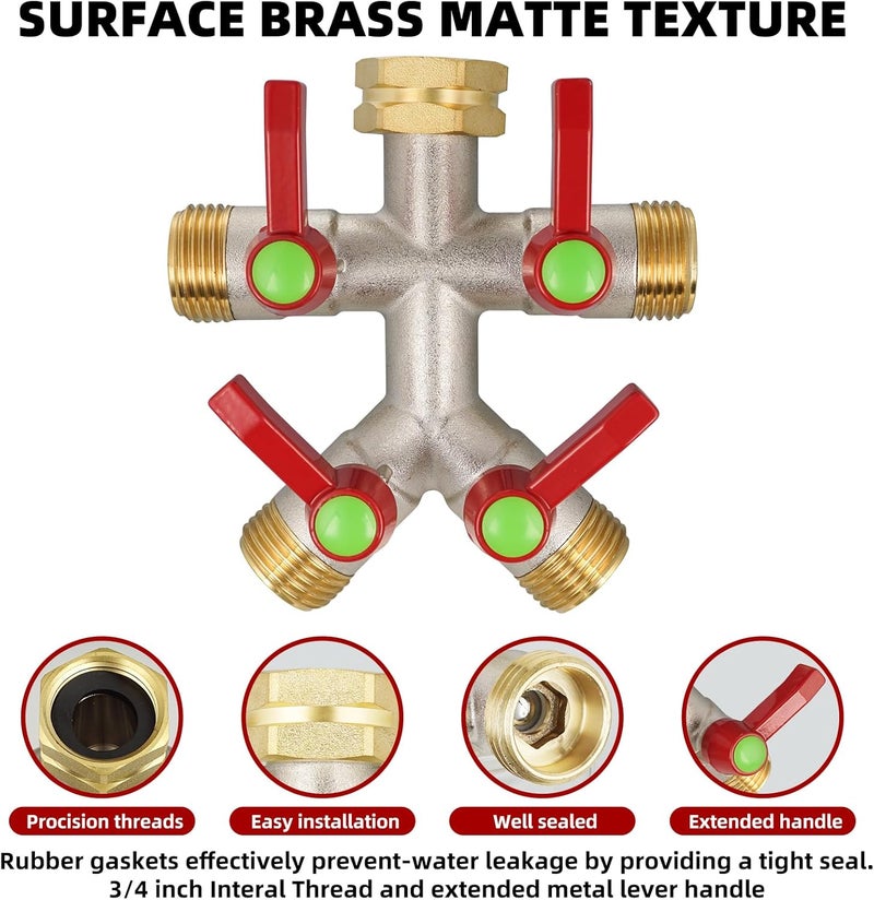 DINGBAI Hose Splitter 4 Way, High Flow Garden Hose Splitter, 3/4” Ght Inlet Brass Heavy Duty Hose Converter, Full Flow water 4 Way Faucet hose splitter, Long Handle Hose Valve Large Outlet. - Image 5
